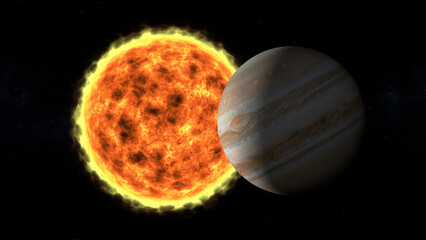 Jupiter planet around the sun realistic 3d illustration. 8k resolution space wallpaper