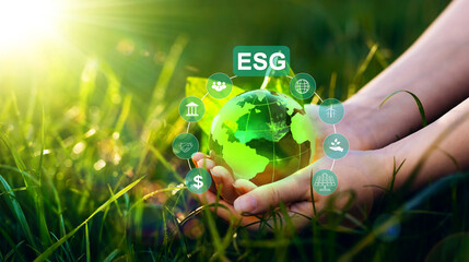 Environment social and governance in sustainable and ethical business.Crystal globe with network...