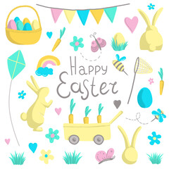 Easter vector illustration. Basket with pastel colors eggs, bunny, butterfly, bee, rainbow, heart, flower, grass, carrot, garland, net,  willow, daisy, kite, sign Happy Easter. Colorful spring card.