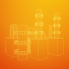 Fototapeta premium Industrial building factorie facilitie power plant with chimneys. Wireframe low poly mesh vector illustration.