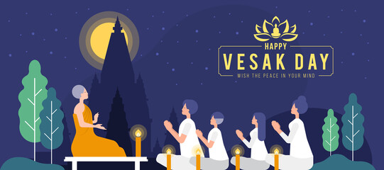 Happy vesak day or buddha purnima - A Buddhist family sits and listens to a sermon from a monk on a full moon night vector design