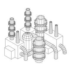 Industrial building factorie facilitie power plant with chimneys. Wireframe low poly mesh vector illustration.