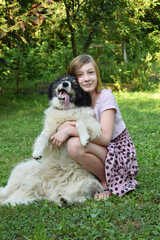 Girl playing with dog on grass. Teenager hugging Carpathian Shepherd Dog in the summer park. A Friendship concept of man and animal