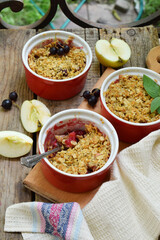 Fruits casserole or crumble with apples and berries in brown cup ramekin. Copy space. Photographing with natural light.