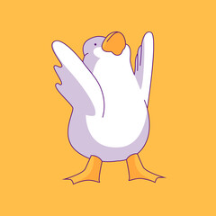 Cheerful duck. Bird poster design with human needs and daily situations. Satisfied duck rejoices in victory or I will win