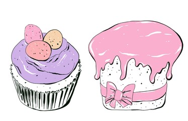Easter cake, sweet dessert. Hand drawing illustration in cartoon style. Design for postcards, stickers, menu