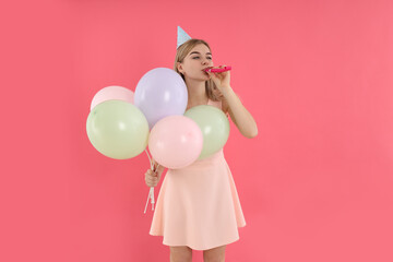 Concept of Happy Birthday with young woman on pink background