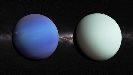 realistic 3d illustration of Neptune and Uranus planet size comparison. 8k resolution space renderings © Art Jabz