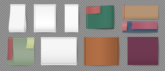 Realistic blank white and colored labels for apparel brand name. Stitched tags for laundry and textile info. Empty cloth label vector set