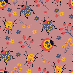 Fototapeta na wymiar seamless pattern with cute hand-drawn beetles. Design for fabric, textile, wallpaper, packaging. 