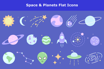 Space and planets cartoon icons set. Rocket, solar system model, crescent moon, stars colorful childish stickers pack. Cute children style symbols collection