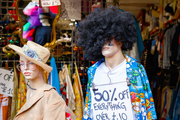 Mannequins dressed in a quirky fashion on display at Camden Market in London
