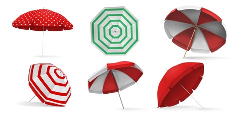 Realistic 3d sea beach umbrella for sun protection. Sunshade parasol with white red stripes top and angle view. Umbrella for pool vector set - obrazy, fototapety, plakaty