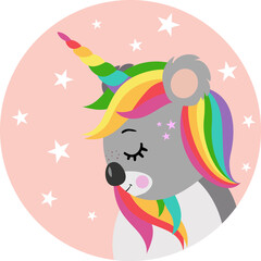 Cute koala unicorn head on pink circle label