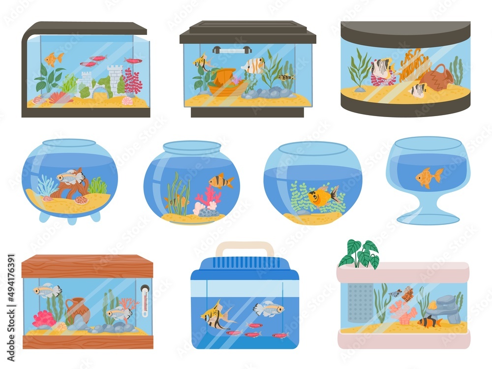 Wall mural Cartoon home aquariums with fishes, corals, plants and decor. Aquarium tank with underwater pets and seaweeds. Glass fish bowls vector set - Wall murals