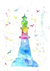 watercolor multicolored lighthouse silhouette with flying seagulls and drops on white background