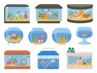 Naklejka premium Cartoon home aquariums with fishes, corals, plants and decor. Aquarium tank with underwater pets and seaweeds. Glass fish bowls vector set