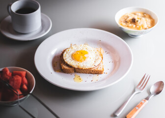 healthy breakfast with egg and toasts