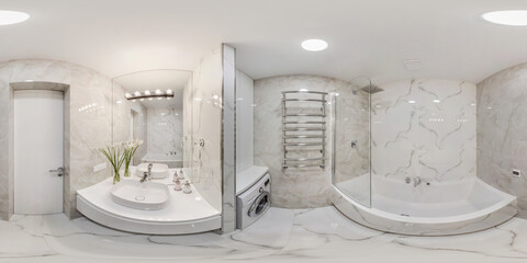 white seamless 360 hdr panorama in interior of expensive bathroom in modern flat apartments with...