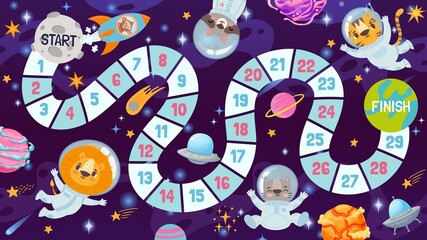 Cartoon space board game for kids with animals astronauts. Path map for children galaxy dice play. Cosmos race strategy game vector template