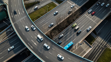 Top up aerial drone view of elevated road and traffic junctions in Chinese metropolis city Chengdu during sunny day. Modern construction design of traffic ways to avoid traffic jams. Few vehicles.