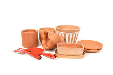 clay pots in an assortment for gardening on a white background
