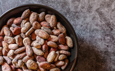 Brown dried cocoa beans in a bowl