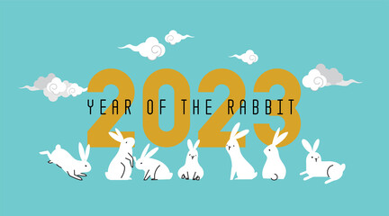 Happy Chinese new year 2023, the year of the rabbit zodiac. Little bunny greeting card, poster, banner, brochure, calendar.  (Translation : Happy new year, Year of rabbit)