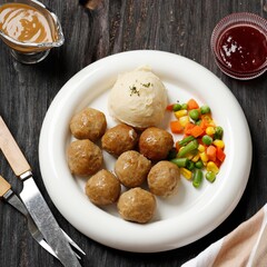 Swedish Meatballs with Creamy Gravy, Buttery Mashed Potatoes, and Lingonberry Sauce. On White Plate