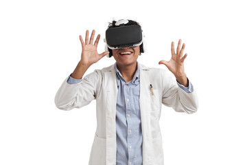 Young peruvian male scientific using virtual reality headset. Isolated over white background.