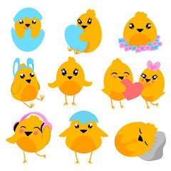Set of different cute chickens. They emerge from Easter eggs listen to music give heart sleep. Vector illustration. Easter chicks collection isolated on white background. Design element for holiday