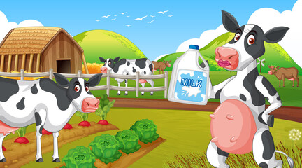 Outdoor cow farm scene with happy animals cartoon