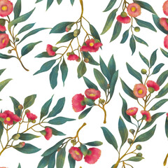 Seamless Repeat Pattern Hand Painted Watercolor Flowering Gum Eucalyptus Floral Leaves