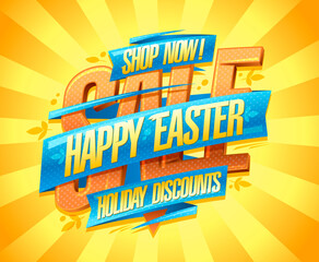 Easter sale poster, holiday discounts lettering vector web banner with ribbon