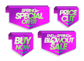 Spring sale stickers, signs and arrows vector collection - price cut, end of spring blowout sale, special spring offer