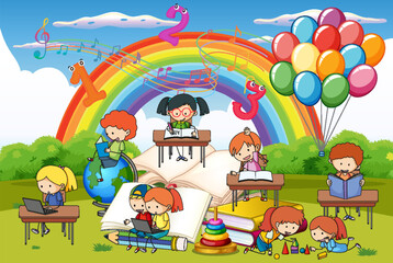 Obraz premium A children are reading books on a stack of books in garden scene