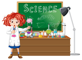 Scientist cartoon character with science lab objects