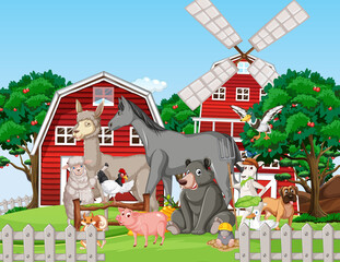 Obraz na płótnie Canvas Farm scene with many animals
