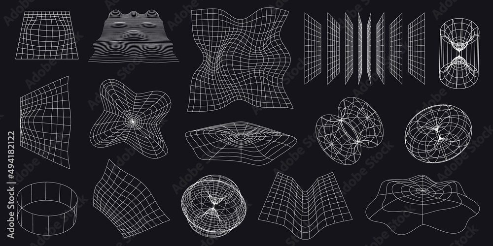 Wall mural cyber neo futuristic grids, 3d mesh objects and shapes. wireframe wavy geometric perspective plane. 