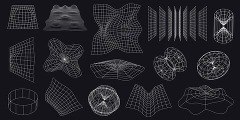 Cyber neo futuristic grids, 3d mesh objects and shapes. Wireframe wavy geometric perspective plane. 80s cyberpunk line elements vector set - obrazy, fototapety, plakaty