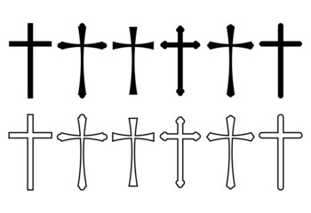 Cross symbol set.Vector christian cross line icon. Black and white religion cross sign.Simple catholic sign.