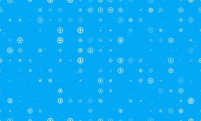 Fototapeta na wymiar Seamless background pattern of evenly spaced white download symbols of different sizes and opacity. Vector illustration on light blue background with stars