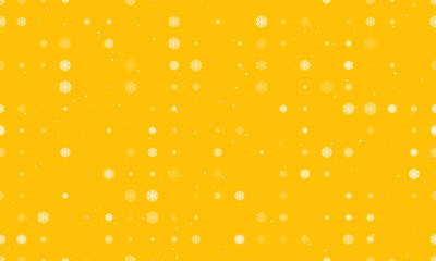 Seamless background pattern of evenly spaced white snowflake symbols of different sizes and opacity. Vector illustration on amber background with stars