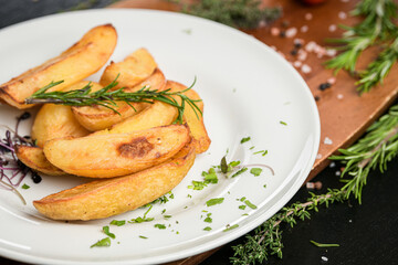 A dish with wedges fries ready to be served. One of the most popular snack side food in the world. Food photography.