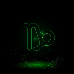 A large green outline zodiac capricorn symbol on the center. Green Neon style. Neon color with shiny stars. Vector illustration on black background
