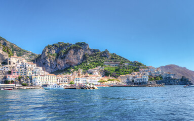 Amalfi coast, Italy - July 01 2021: Spectacular view from the sea on the town of Amalfi