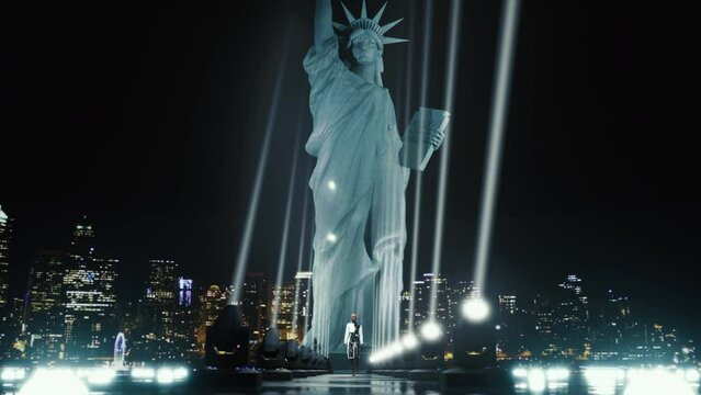  virtual fashion show at night under the statue of liberty. 3d. Render