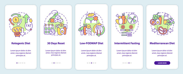Trendy diets onboarding mobile app screen. Healthy nutrition walkthrough 5 steps graphic instructions pages with linear concepts. UI, UX, GUI template. Myriad Pro-Bold, Regular fonts used