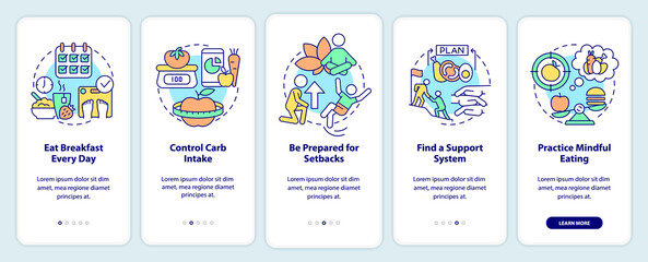 Control weight after diet onboarding mobile app screen. Walkthrough 5 steps graphic instructions pages with linear concepts. UI, UX, GUI template. Myriad Pro-Bold, Regular fonts used
