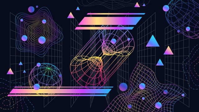 Neo futuristic abstract background with 3d grids and shapes. Neon wireframe graphic retro cyber design. 90s game technology vector banner